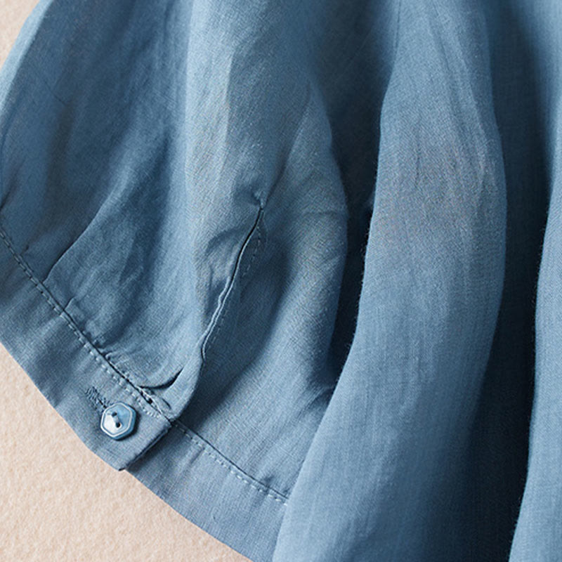 Camicia da donna in misto cotone con scollo a V, manica corta, motivo Buddha Stones Casual, ricamo di piante