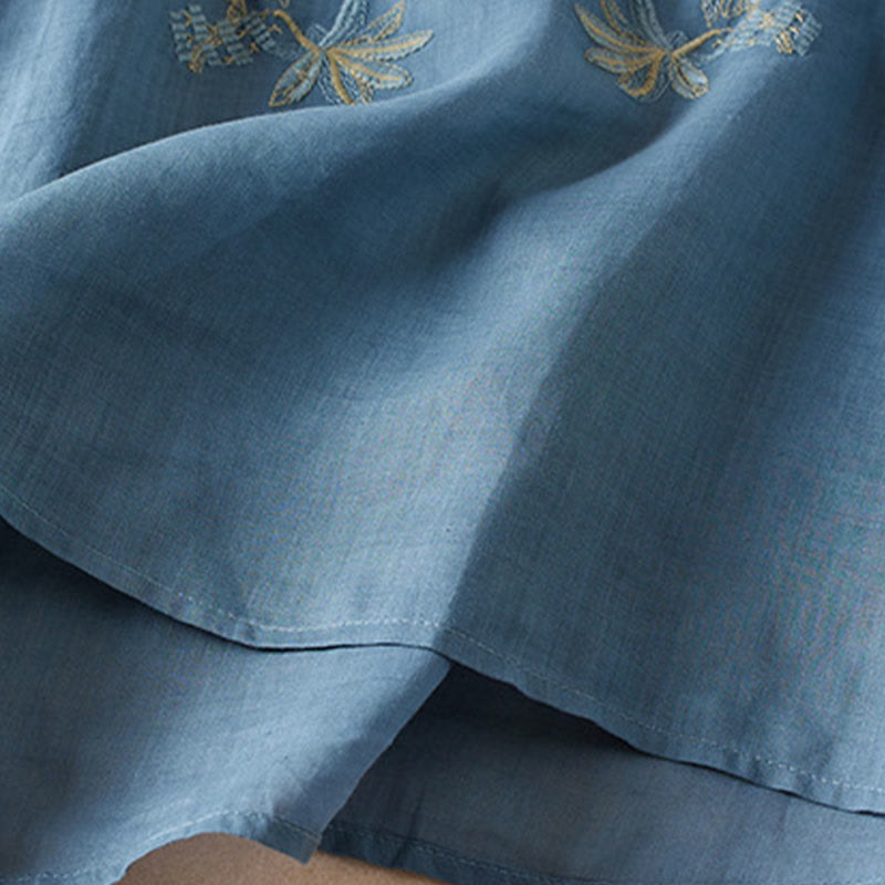 Camicia da donna in misto cotone con scollo a V, manica corta, motivo Buddha Stones Casual, ricamo di piante