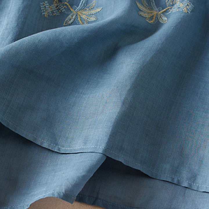 Camicia da donna in misto cotone con scollo a V, manica corta, motivo Buddha Stones Casual, ricamo di piante