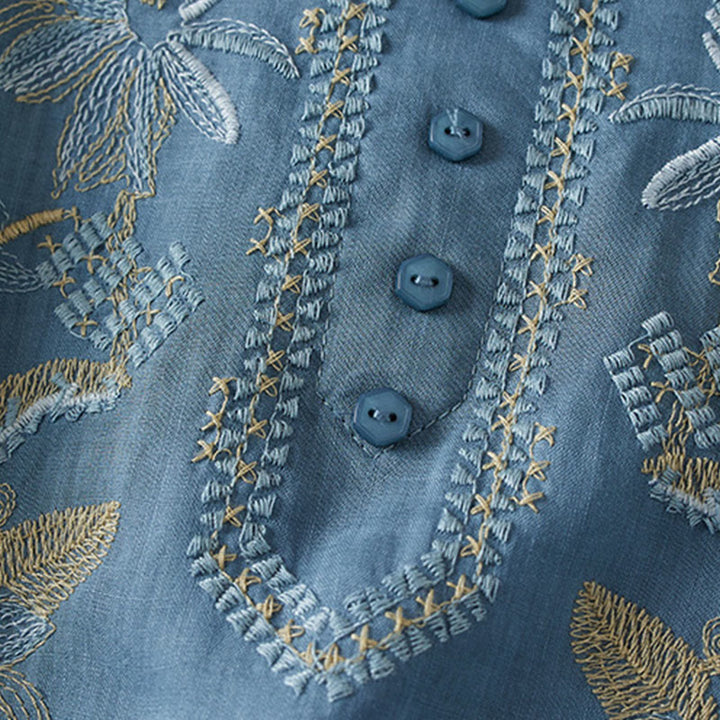 Camicia da donna in misto cotone con scollo a V, manica corta, motivo Buddha Stones Casual, ricamo di piante