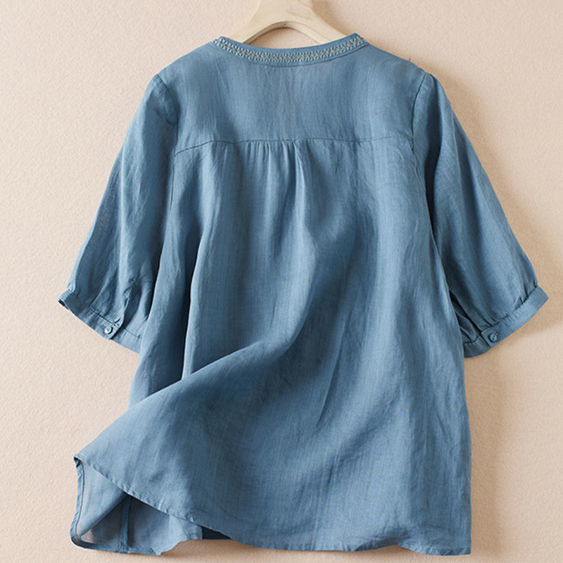 Camicia da donna in misto cotone con scollo a V, manica corta, motivo Buddha Stones Casual, ricamo di piante
