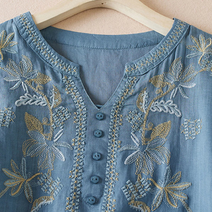 Camicia da donna in misto cotone con scollo a V, manica corta, motivo Buddha Stones Casual, ricamo di piante