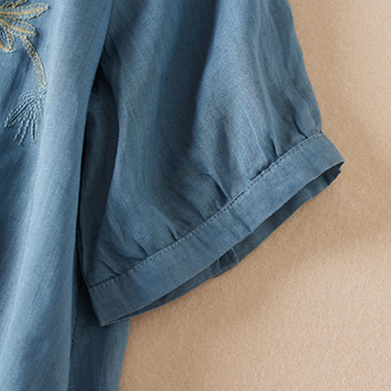 Camicia da donna in misto cotone con scollo a V, manica corta, motivo Buddha Stones Casual, ricamo di piante