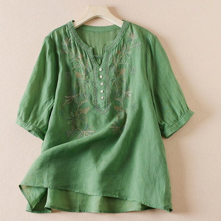 Camicia da donna in misto cotone con scollo a V, manica corta, motivo Buddha Stones Casual, ricamo di piante