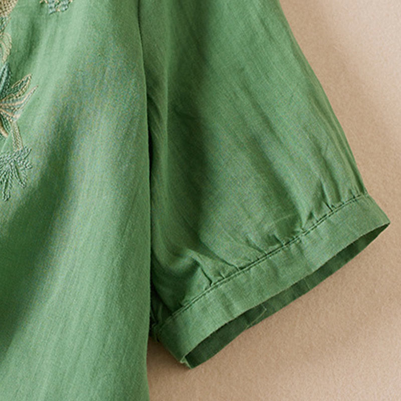Camicia da donna in misto cotone con scollo a V, manica corta, motivo Buddha Stones Casual, ricamo di piante