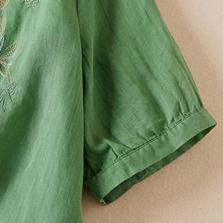 Camicia da donna in misto cotone con scollo a V, manica corta, motivo Buddha Stones Casual, ricamo di piante