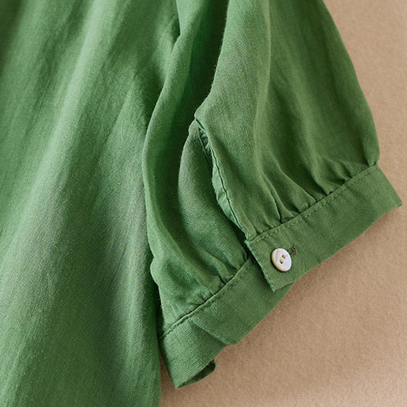 Camicia da donna in misto cotone con scollo a V, manica corta, motivo Buddha Stones Casual, ricamo di piante