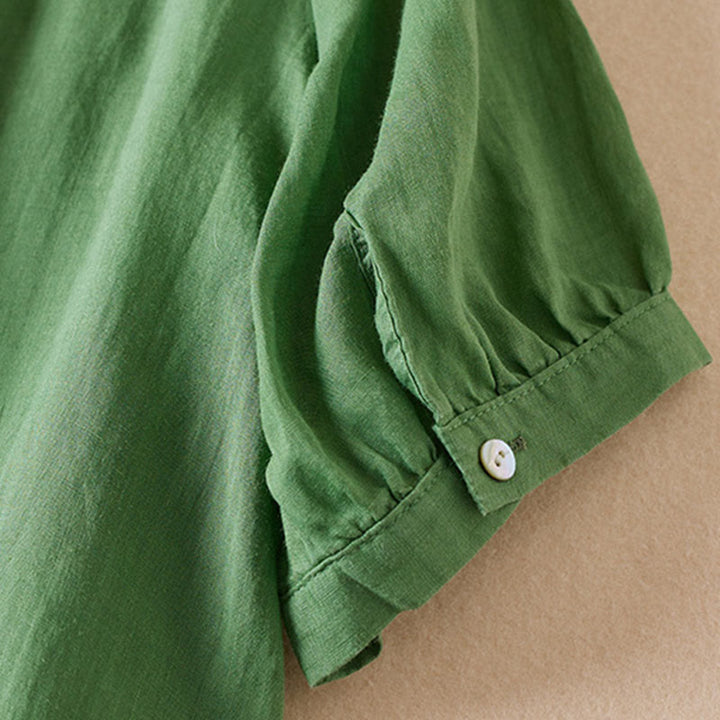 Camicia da donna in misto cotone con scollo a V, manica corta, motivo Buddha Stones Casual, ricamo di piante