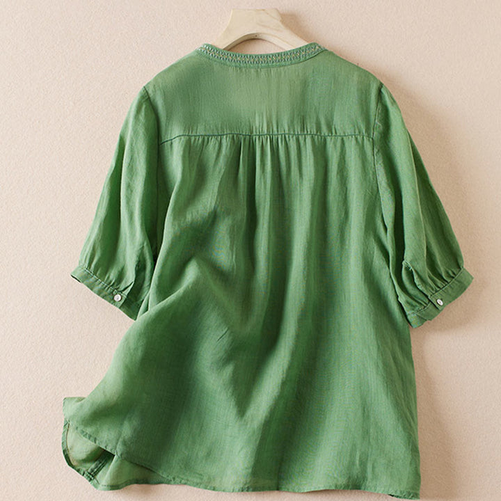 Camicia da donna in misto cotone con scollo a V, manica corta, motivo Buddha Stones Casual, ricamo di piante