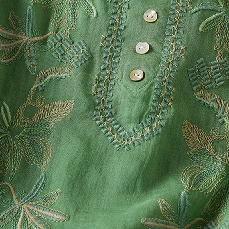 Camicia da donna in misto cotone con scollo a V, manica corta, motivo Buddha Stones Casual, ricamo di piante