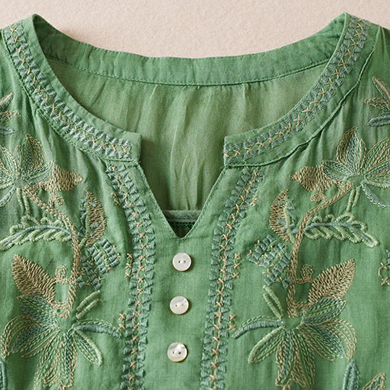 Camicia da donna in misto cotone con scollo a V, manica corta, motivo Buddha Stones Casual, ricamo di piante