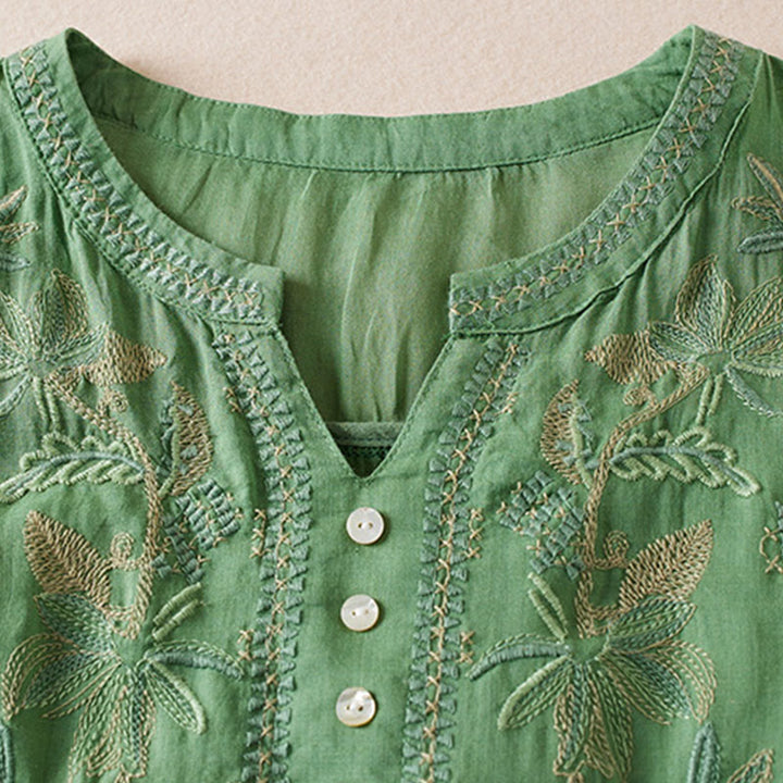 Camicia da donna in misto cotone con scollo a V, manica corta, motivo Buddha Stones Casual, ricamo di piante