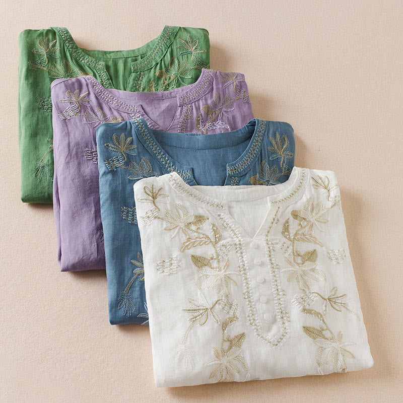 Camicia da donna in misto cotone con scollo a V, manica corta, motivo Buddha Stones Casual, ricamo di piante