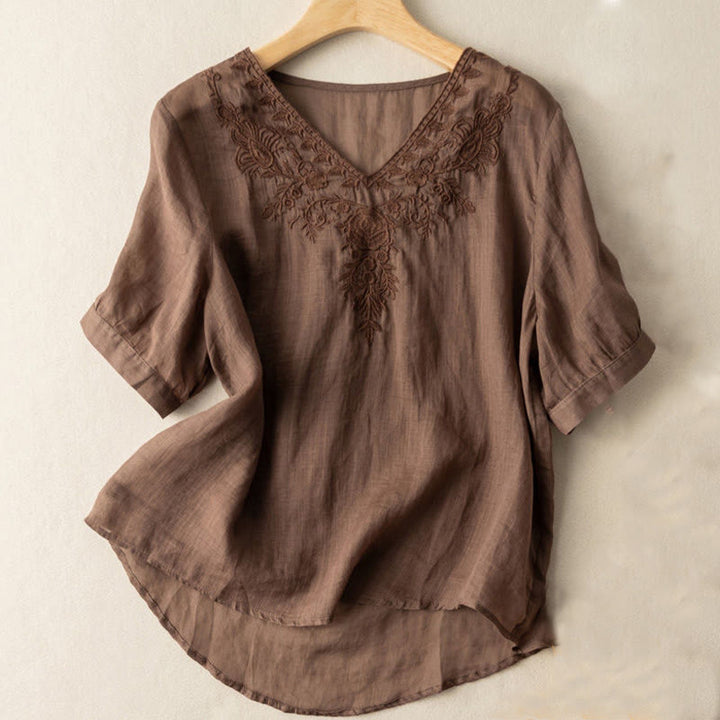 Camicia da donna in cotone a mezza manica con scollo a V e ricamo floreale casual Buddha Stones