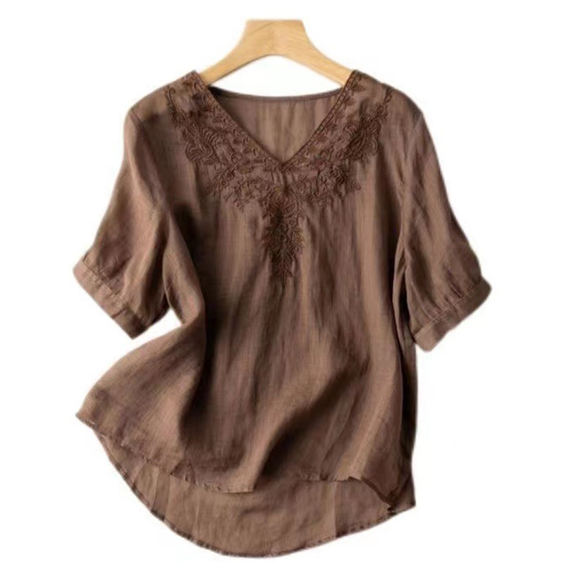 Camicia da donna in cotone a mezza manica con scollo a V e ricamo floreale casual Buddha Stones