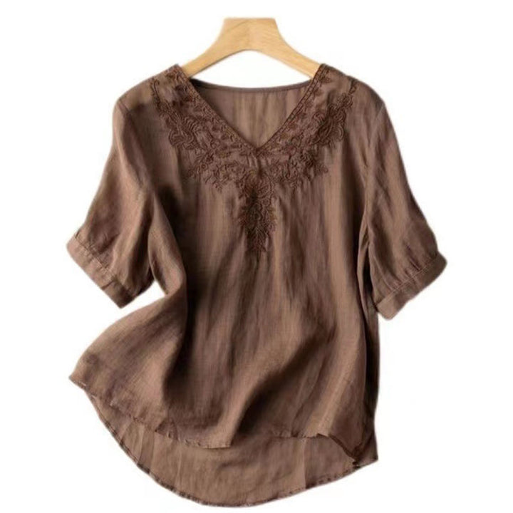 Camicia da donna in cotone a mezza manica con scollo a V e ricamo floreale casual Buddha Stones