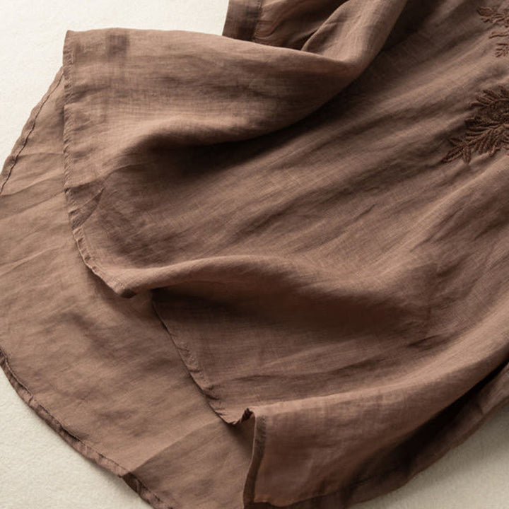 Camicia da donna in cotone a mezza manica con scollo a V e ricamo floreale casual Buddha Stones