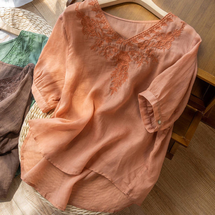 Camicia da donna in cotone a mezza manica con scollo a V e ricamo floreale casual Buddha Stones