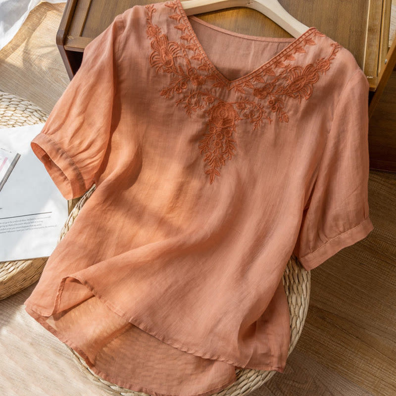 Camicia da donna in cotone a mezza manica con scollo a V e ricamo floreale casual Buddha Stones