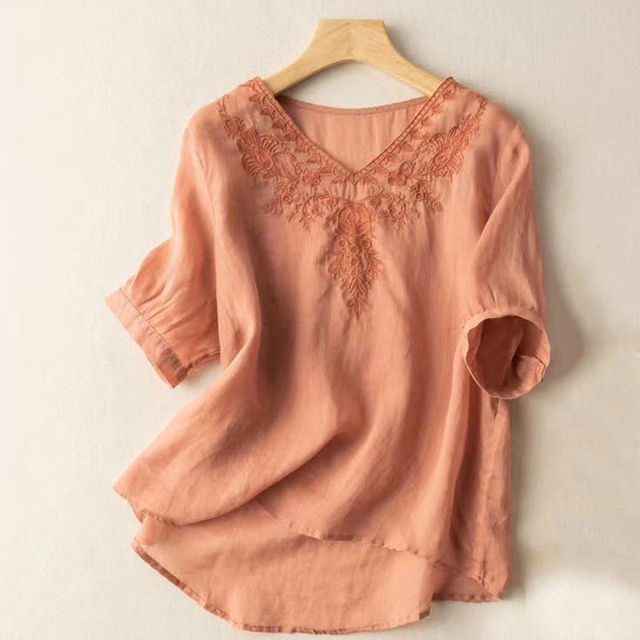 Camicia da donna in cotone a mezza manica con scollo a V e ricamo floreale casual Buddha Stones