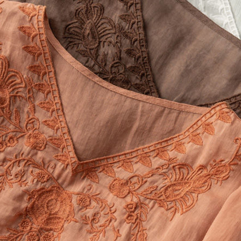 Camicia da donna in cotone a mezza manica con scollo a V e ricamo floreale casual Buddha Stones