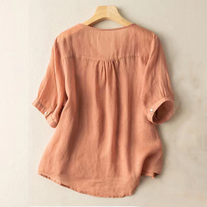 Camicia da donna in cotone a mezza manica con scollo a V e ricamo floreale casual Buddha Stones