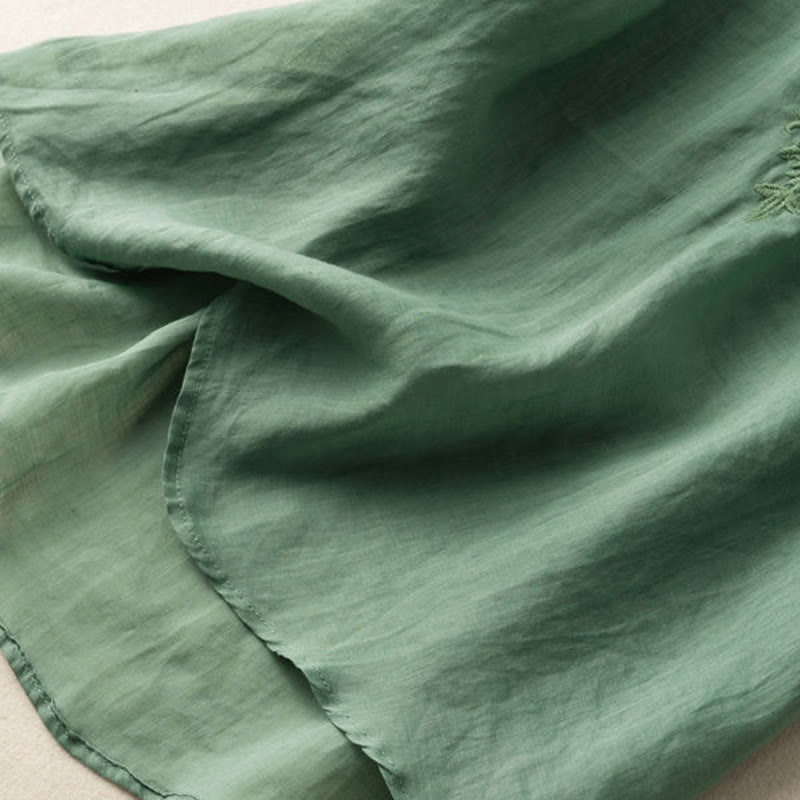 Camicia da donna in cotone a mezza manica con scollo a V e ricamo floreale casual Buddha Stones