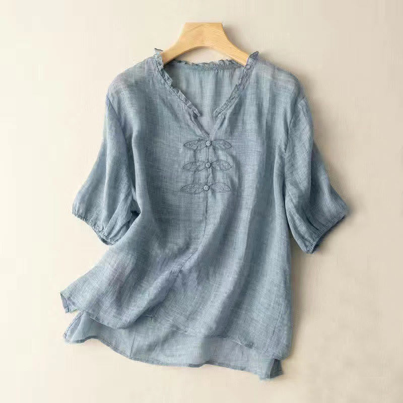 Camicia da donna in cotone a mezza manica con scollo a V e motivo a Buddha Stones, casual, con ricami, bordo arricciato - Azzurro cielo chiaro - US12, UK/AU16, EU44 (3XL) - image 0