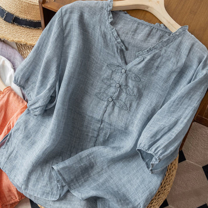 Camicia da donna in cotone a mezza manica con scollo a V e motivo a Buddha Stones, casual, con ricami, bordo arricciato - image 1