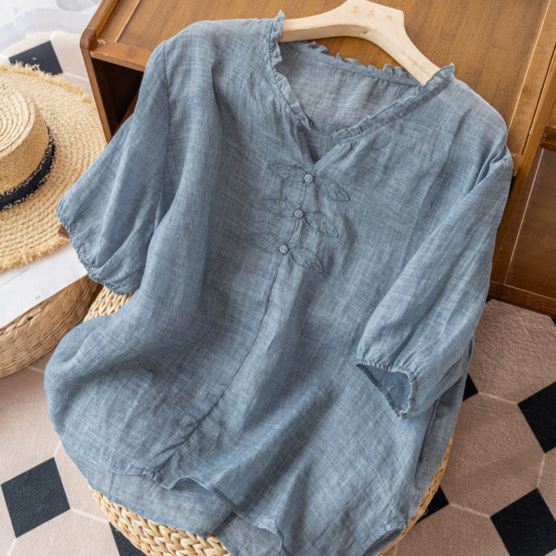 Camicia da donna in cotone a mezza manica con scollo a V e motivo a Buddha Stones, casual, con ricami, bordo arricciato - image 2
