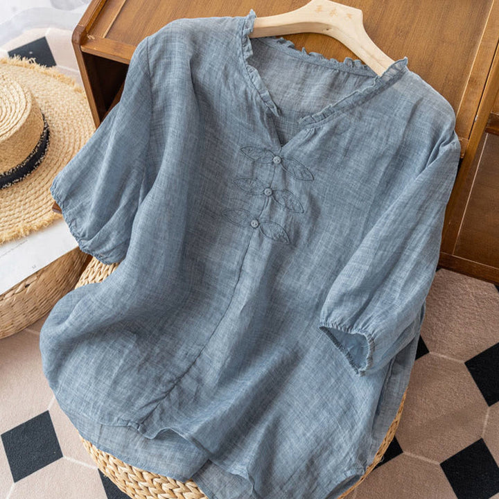 Camicia da donna in cotone a mezza manica con scollo a V e motivo a Buddha Stones, casual, con ricami, bordo arricciato - image 2
