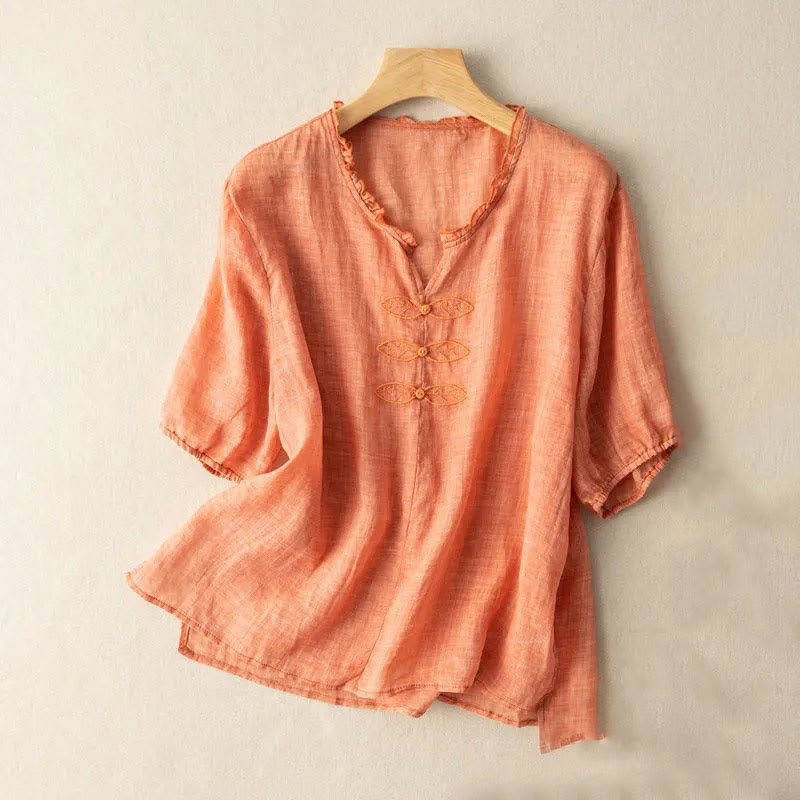 Camicia da donna in cotone a mezza manica con scollo a V e motivo a Buddha Stones, casual, con ricami, bordo arricciato - Salmone chiaro - US12, UK/AU16, EU44 (3XL) - image 6