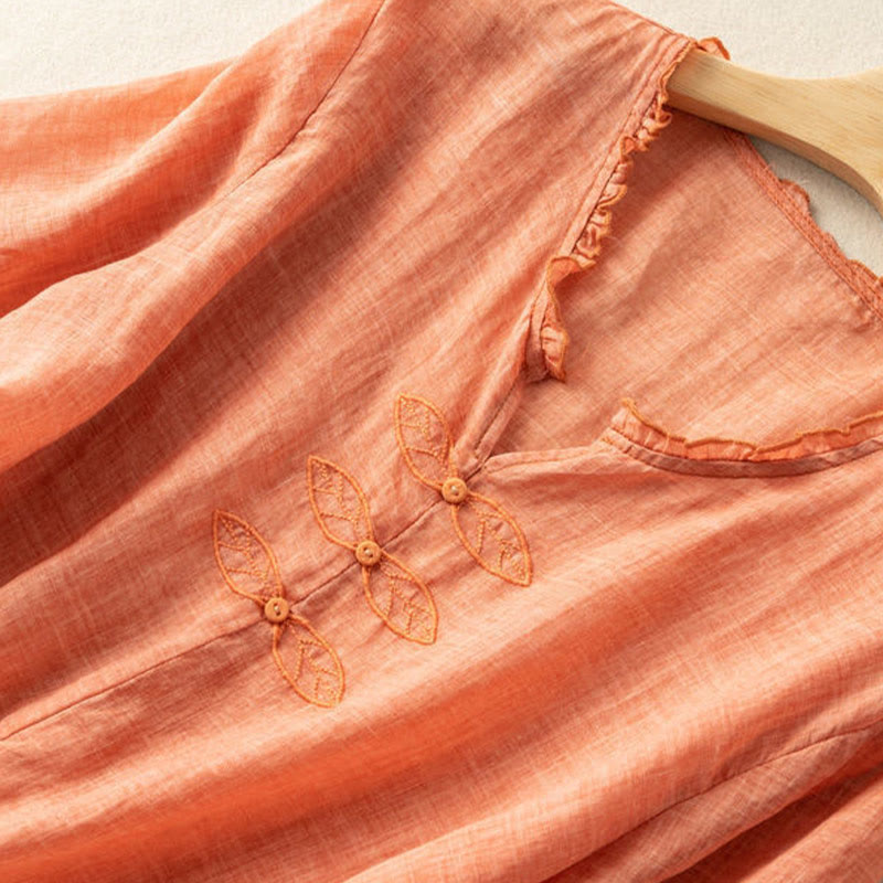 Camicia da donna in cotone a mezza manica con scollo a V e motivo a Buddha Stones, casual, con ricami, bordo arricciato - image 9