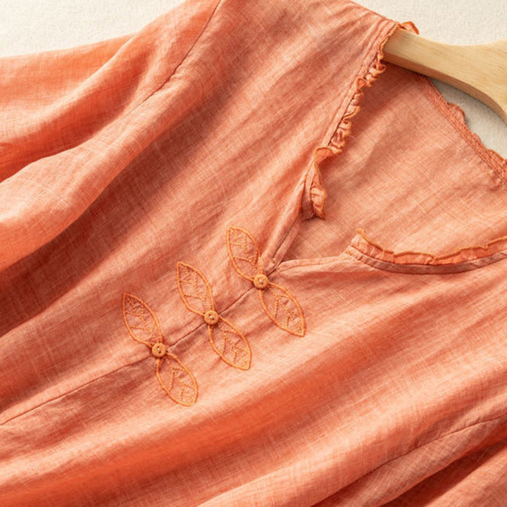 Camicia da donna in cotone a mezza manica con scollo a V e motivo a Buddha Stones, casual, con ricami, bordo arricciato - image 9