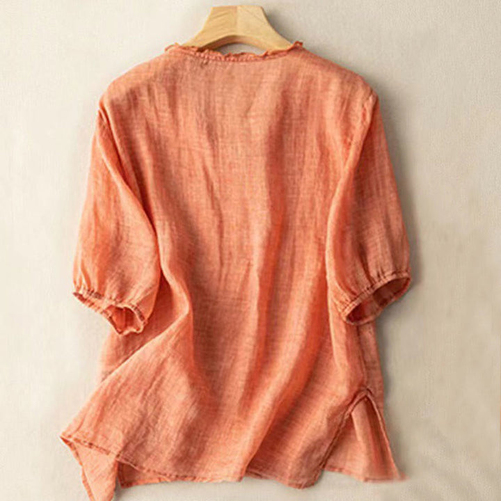Camicia da donna in cotone a mezza manica con scollo a V e motivo a Buddha Stones, casual, con ricami, bordo arricciato - image 7