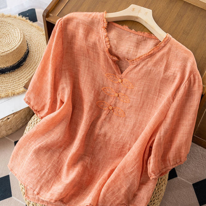 Camicia da donna in cotone a mezza manica con scollo a V e motivo a Buddha Stones, casual, con ricami, bordo arricciato - image 8