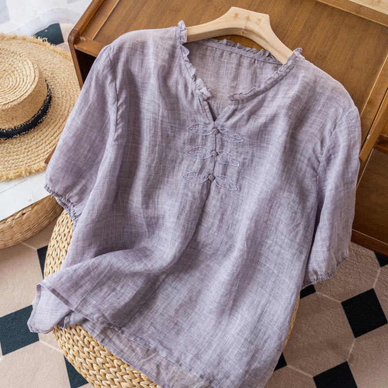 Camicia da donna in cotone a mezza manica con scollo a V e motivo a Buddha Stones, casual, con ricami, bordo arricciato - image 12