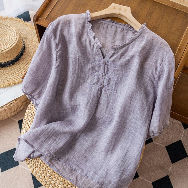 Camicia da donna in cotone a mezza manica con scollo a V e motivo a Buddha Stones, casual, con ricami, bordo arricciato - image 12