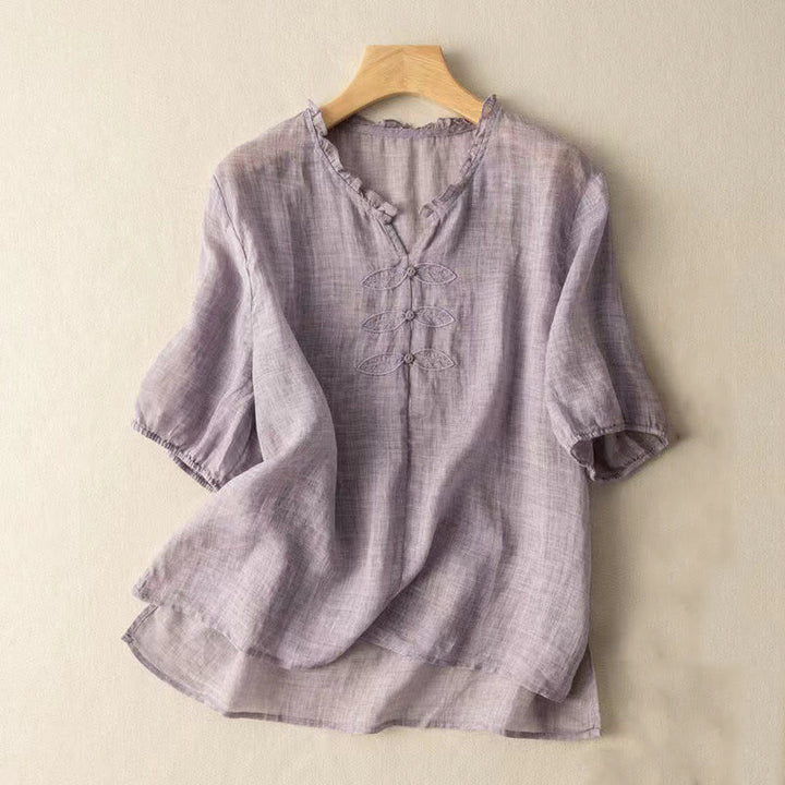 Camicia da donna in cotone a mezza manica con scollo a V e motivo a Buddha Stones, casual, con ricami, bordo arricciato - Cardo - US12, UK/AU16, EU44 (3XL) - image 11