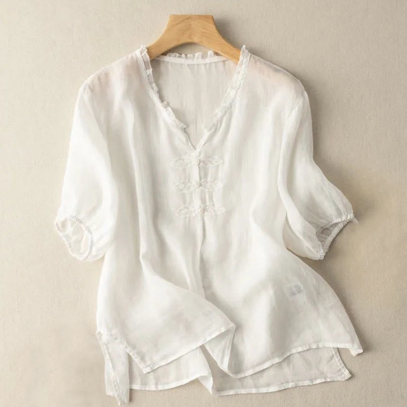 Camicia da donna in cotone a mezza manica con scollo a V e motivo a Buddha Stones, casual, con ricami, bordo arricciato - Avorio - US12, UK/AU16, EU44 (3XL) - image 15