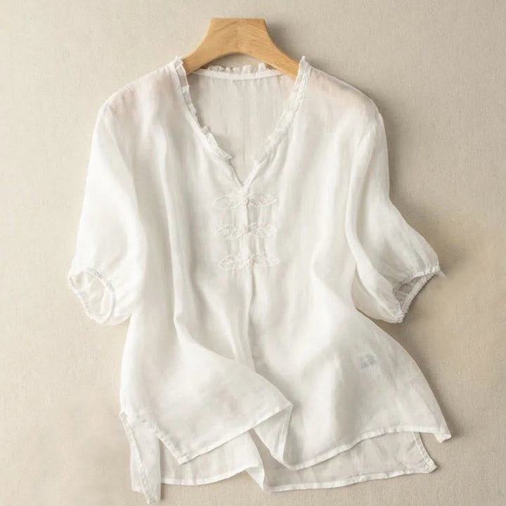 Camicia da donna in cotone a mezza manica con scollo a V e motivo a Buddha Stones, casual, con ricami, bordo arricciato - Avorio - US12, UK/AU16, EU44 (3XL) - image 15