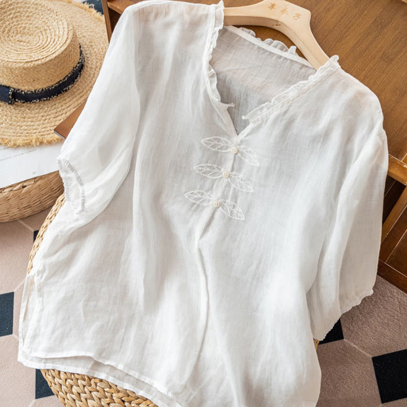 Camicia da donna in cotone a mezza manica con scollo a V e motivo a Buddha Stones, casual, con ricami, bordo arricciato - image 16