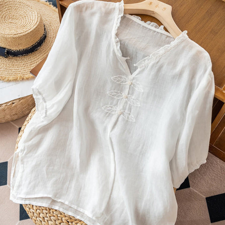 Camicia da donna in cotone a mezza manica con scollo a V e motivo a Buddha Stones, casual, con ricami, bordo arricciato - image 16