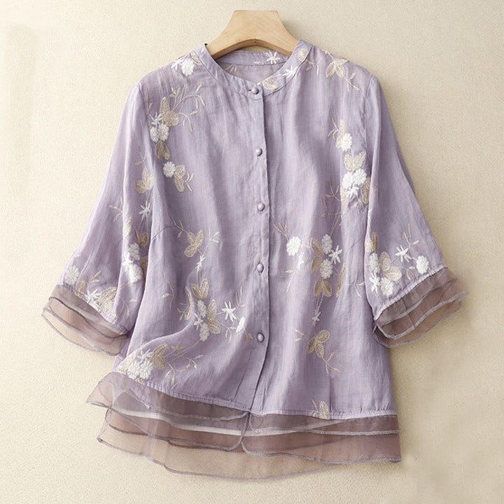 Camicia da donna a maniche corte con scollo rotondo e motivo floreale ricamato a petali, Buddha Stones. - Prugna - US8-10, UK/AU12-14, EU40-42 (2XL) - image 0