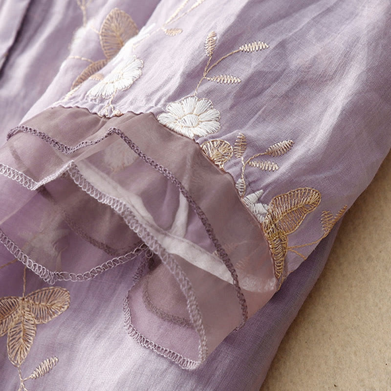 Camicia da donna a maniche corte con scollo rotondo e motivo floreale ricamato a petali, Buddha Stones. - image 3