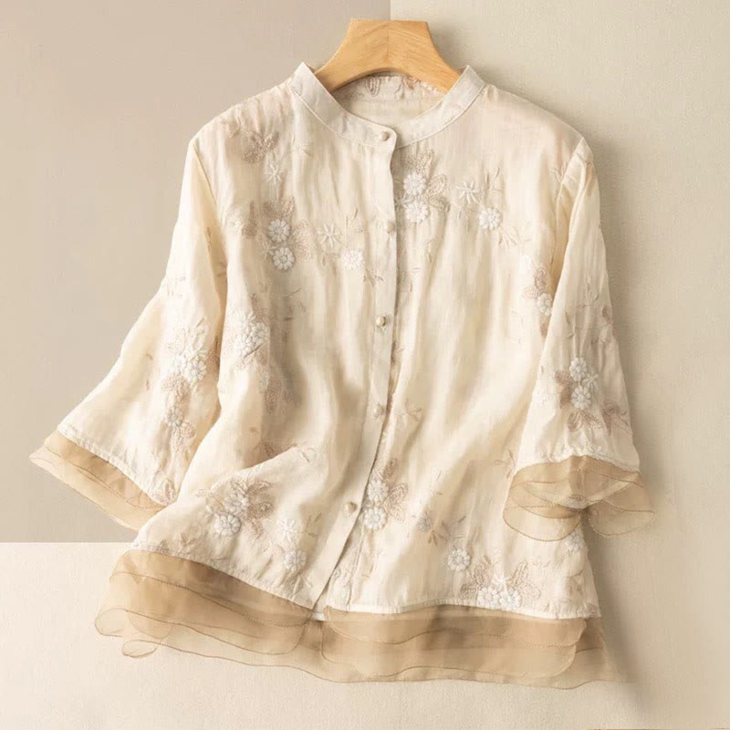 Camicia da donna a maniche corte con scollo rotondo e motivo floreale ricamato a petali, Buddha Stones. - Giallo chiaro - US8-10, UK/AU12-14, EU40-42 (2XL) - image 4