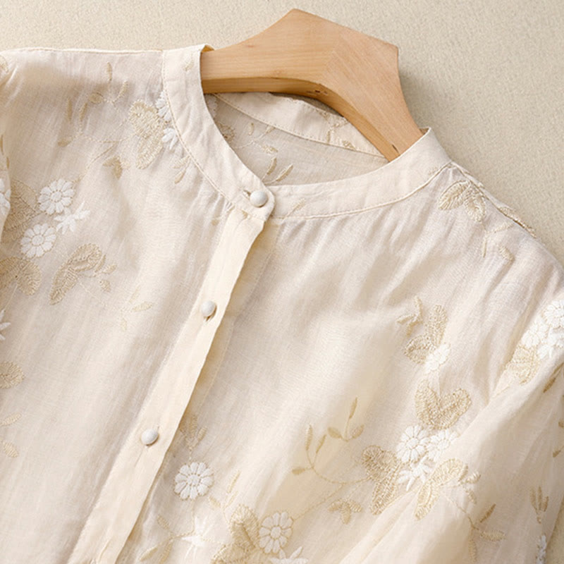 Camicia da donna a maniche corte con scollo rotondo e motivo floreale ricamato a petali, Buddha Stones. - image 5