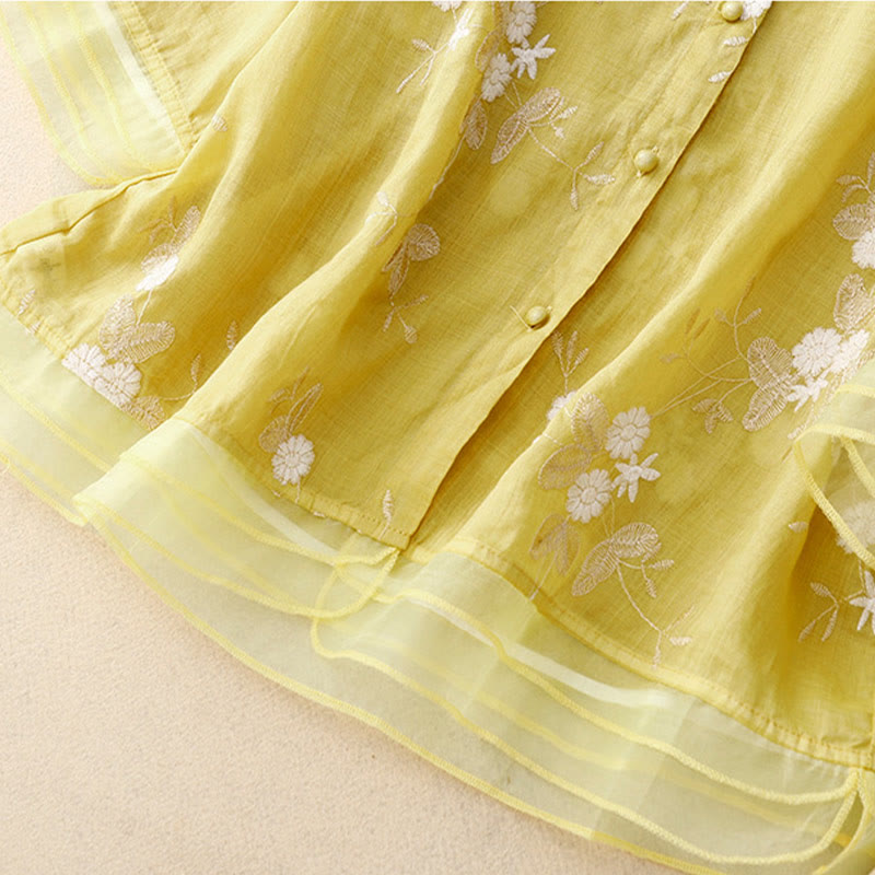 Camicia da donna a maniche corte con scollo rotondo e motivo floreale ricamato a petali, Buddha Stones. - image 12