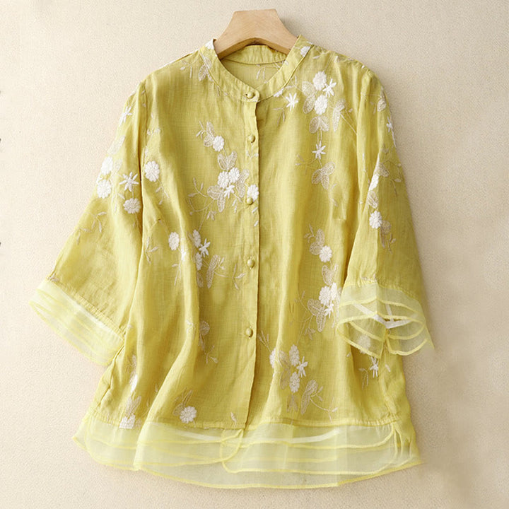 Camicia da donna a maniche corte con scollo rotondo e motivo floreale ricamato a petali, Buddha Stones. - Cachi - US8-10, UK/AU12-14, EU40-42 (2XL) - image 8