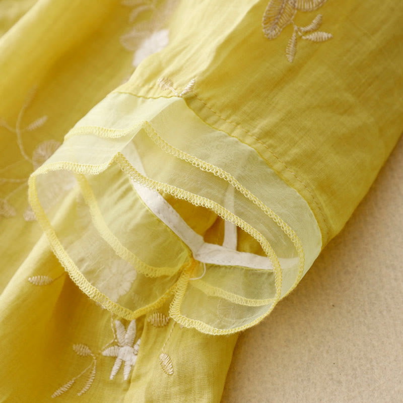Camicia da donna a maniche corte con scollo rotondo e motivo floreale ricamato a petali, Buddha Stones. - image 11